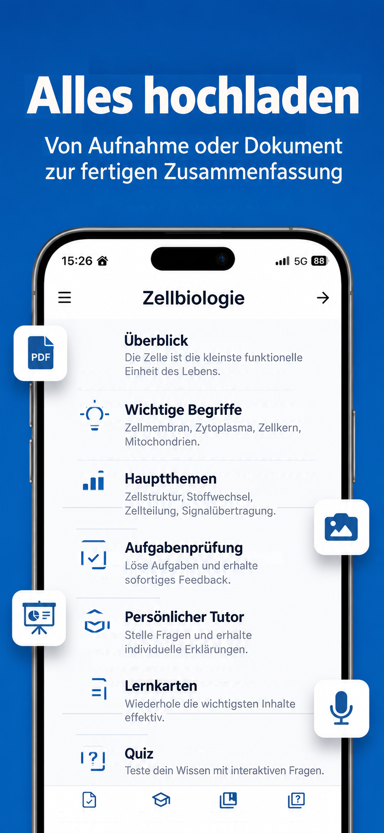 Lade deine Aufnahme oder dein Dokument hoch, um eine Zusammenfassung zum Lernen zu erstellen