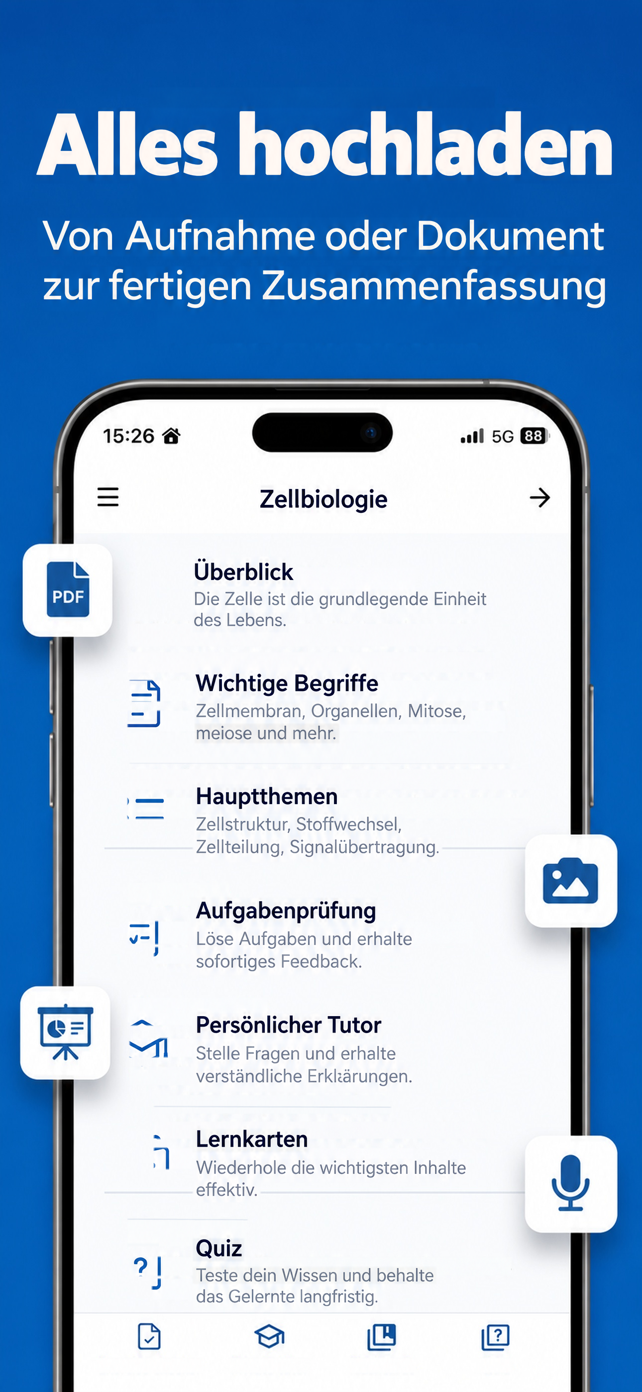 Lade deine Aufnahme oder dein Dokument hoch, um eine Zusammenfassung zum Lernen zu erstellen