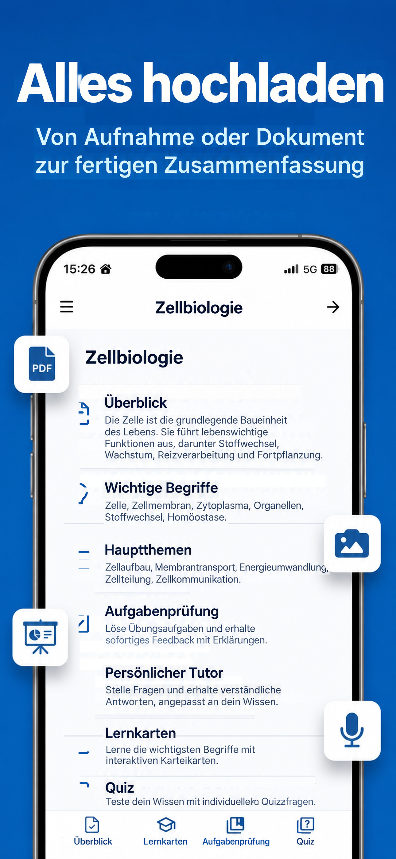 Lade deine Aufnahme oder dein Dokument hoch, um eine Zusammenfassung zum Lernen zu erstellen