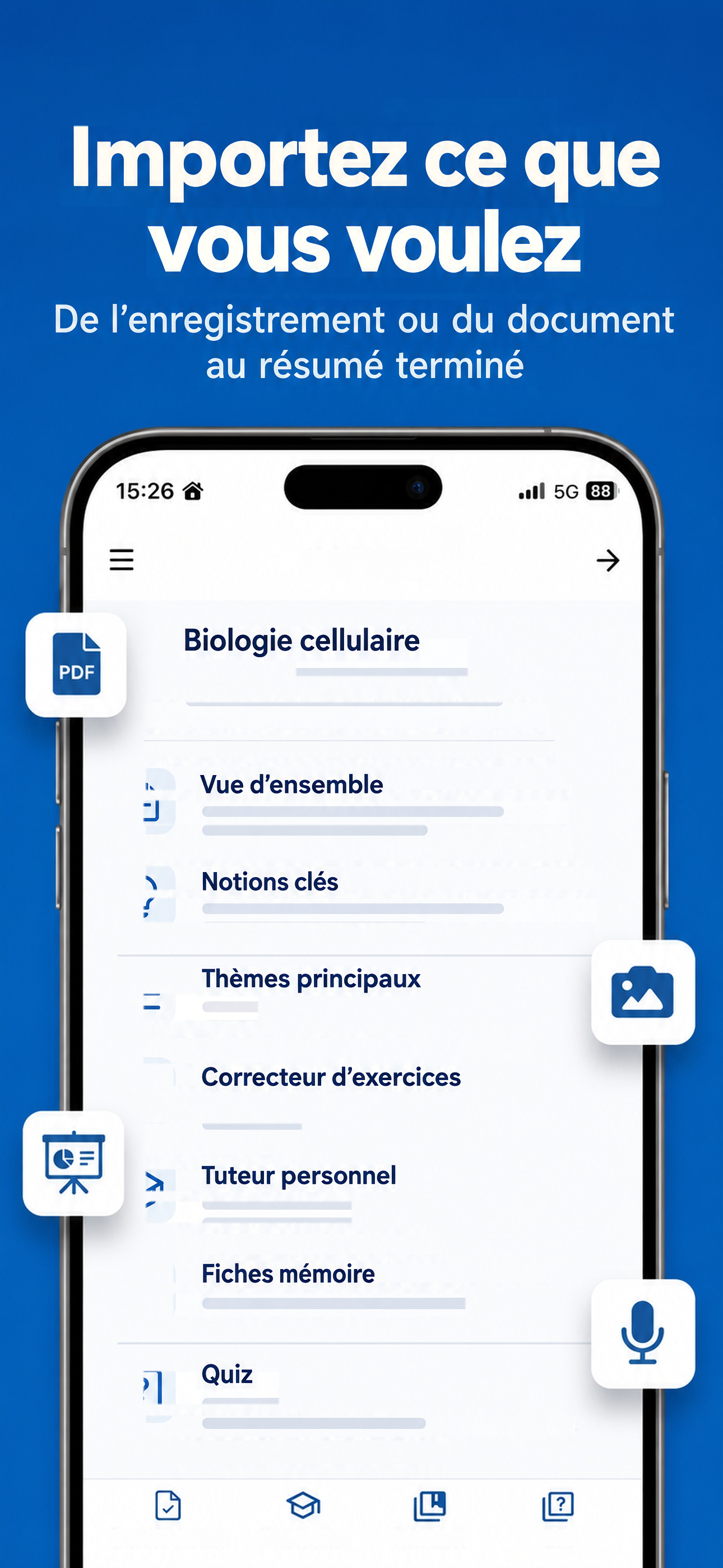 Importez votre enregistrement ou votre document pour créer un résumé d’étude