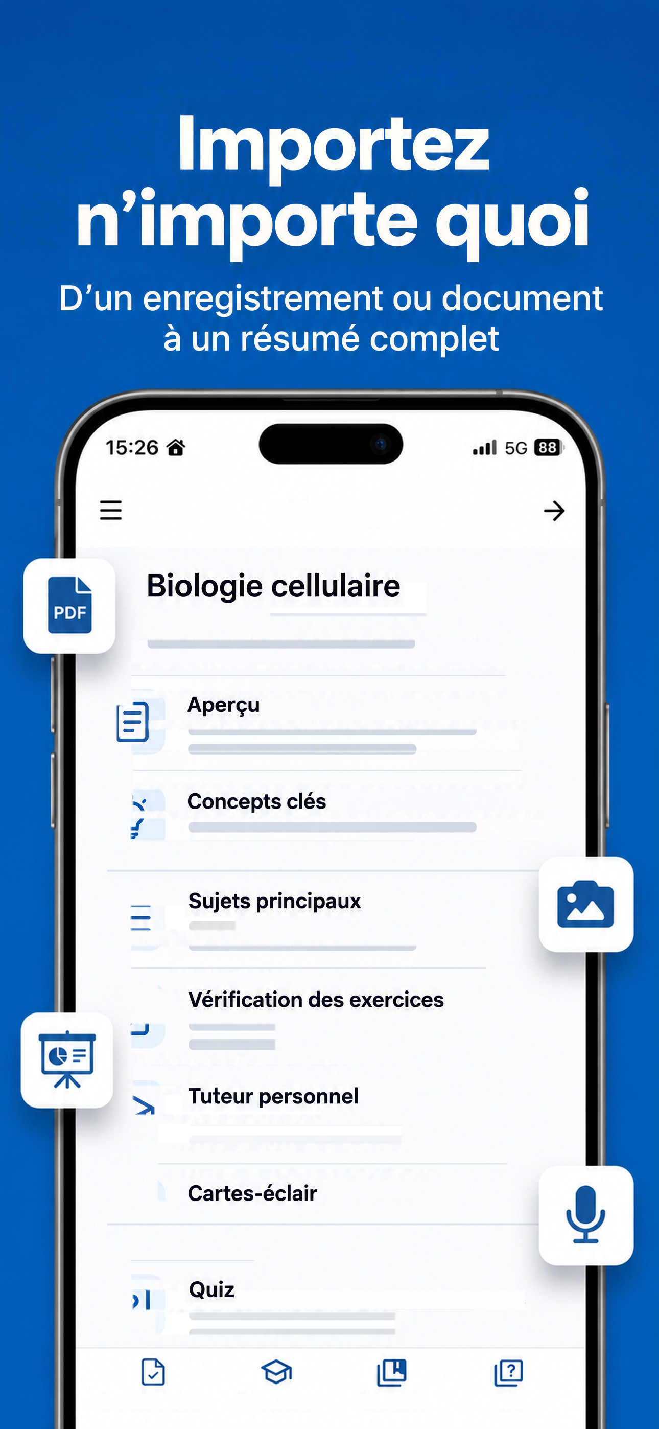 Importez votre enregistrement ou votre document pour créer un résumé d’étude