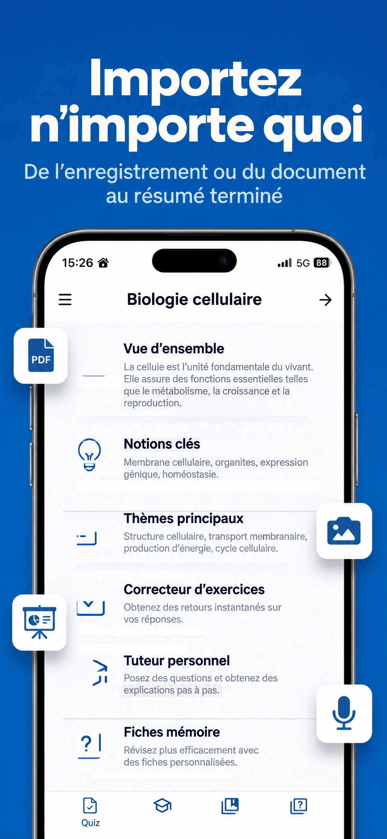 Importez votre enregistrement ou votre document pour créer un résumé d’étude