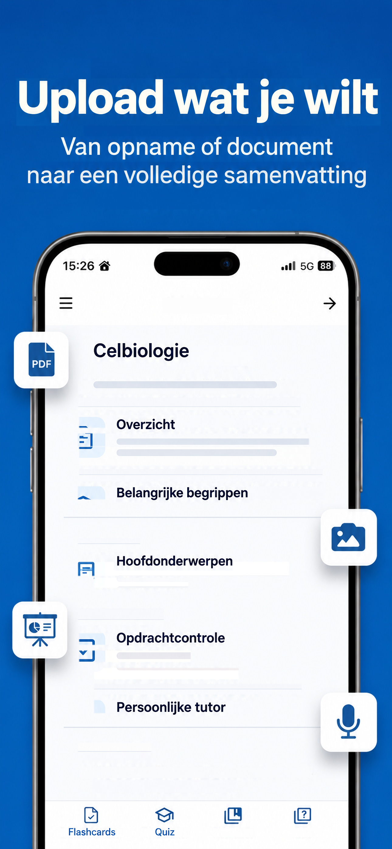 Upload je opname of document om een samenvatting te maken