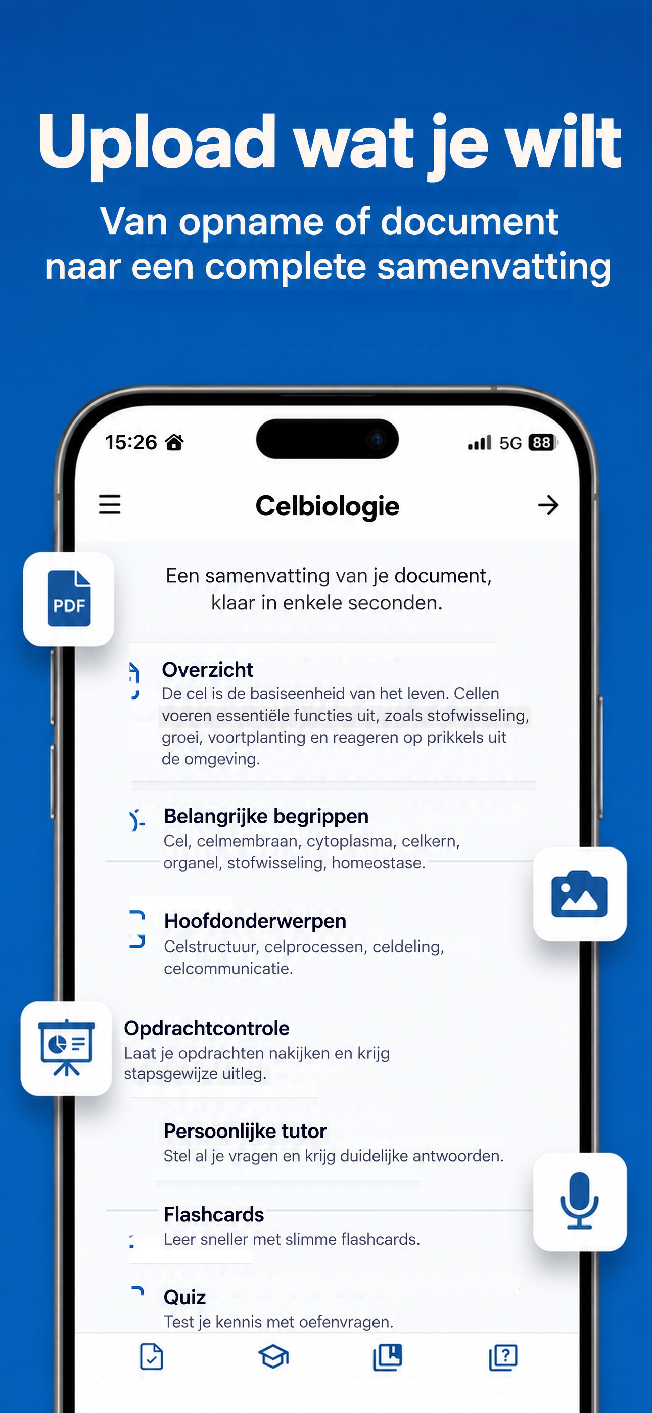 Upload je opname of document om een samenvatting te maken